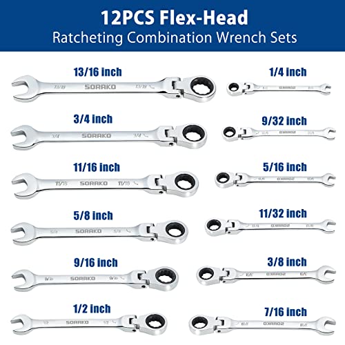 SORAKO Ratcheting Wrench Set Flex Head, 16 Piece SAE Combination Ratchet Wrench kit, 1/4″ - 13/16″ Chrome Vanadium Steel Wrenches - style: Heavy-duty