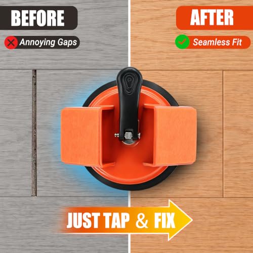 Floor Gap Fixer Tool: Flooring Repair Tool with Dual 45° Striking Surface & Suction Cup for Laminate & Vinyl Plank (LVP/SPC) Floors, Floor Gap Puller Kit with Mallet, 6 Upgraded Adhesive Pads, Scraper