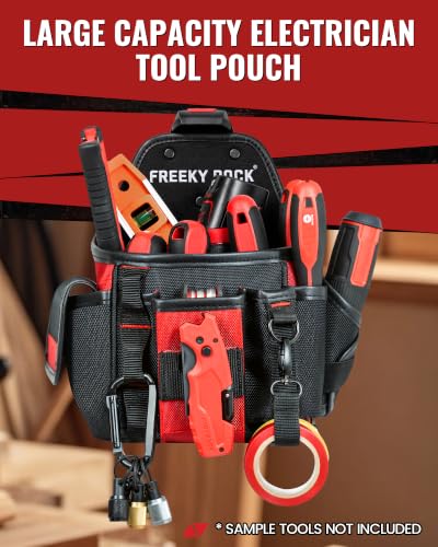 Electrician Tool Pouch with Quick Detach Belt Clip, Heavy Duty Tool Belt Pouches with Notebook Pocket, Tape Measure Holder & Screwdriver Loops for Carpenter, Contractor, HVAC Tech & DIY - size: Large Pouch