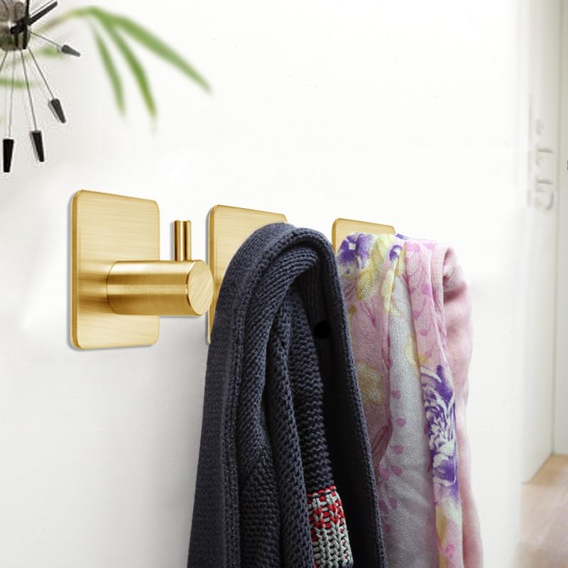 Fotosnow Gold Adhesive Hooks 15LB (Max), Non Tarnish Sticky Hooks for Hanging Towels, Coat, Backpack, Purse, Hat, Key, Self-Adhesive Towel Holder for Shower Closet Bathroom-4 Packs - color: Gold-4 Pack