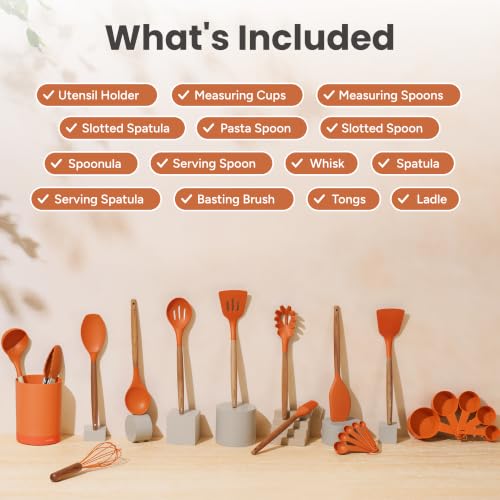SMIRLY Silicone Kitchen Utensils Set, 22-Piece Acacia Wood Handle, Orange - color: Orange