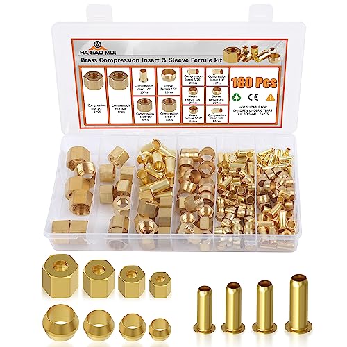 180PCS Brass Compression 1/4" 3/8" 5/16" 1/2" Sleeve Ferrule Insert Nuts - size: 180pcs 4 Size Kit