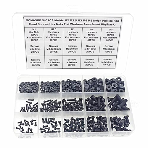 540PCS Metric M2 M2.5 M3 M4 M5 Nylon Phillips Pan Head Screws Hex Nuts Flat washers Assortment Kit(Black) - size: M2, M2.5, M3, M4, M5