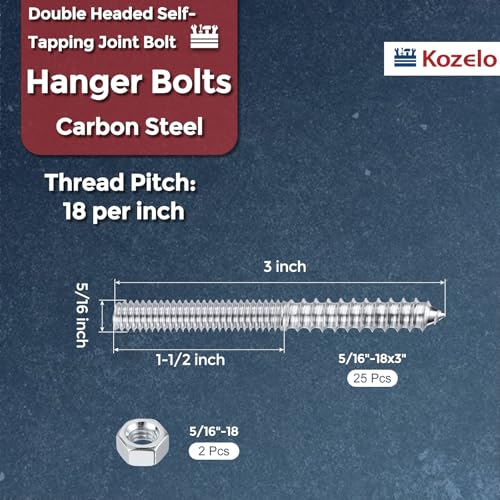 25pcs Hanger Bolts W/Hex Nuts 5/16"-18x3 Zinc Coated - size: 5/16"-18x3"