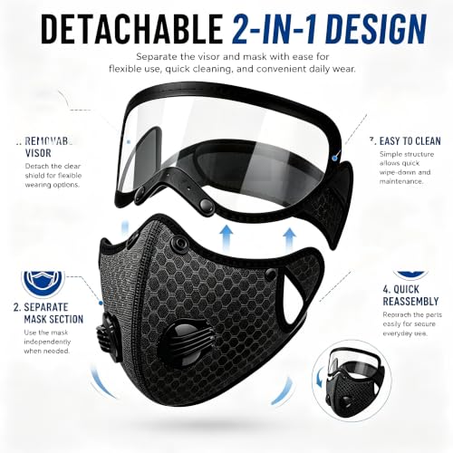 Detachable Protective Goggles Riding Mask,Reusable Carbon Filter Dust Mask with Adjustable Goggles,Windproof, dustproof, and Anti Droplet, All Season Universal Sports mask(Black)