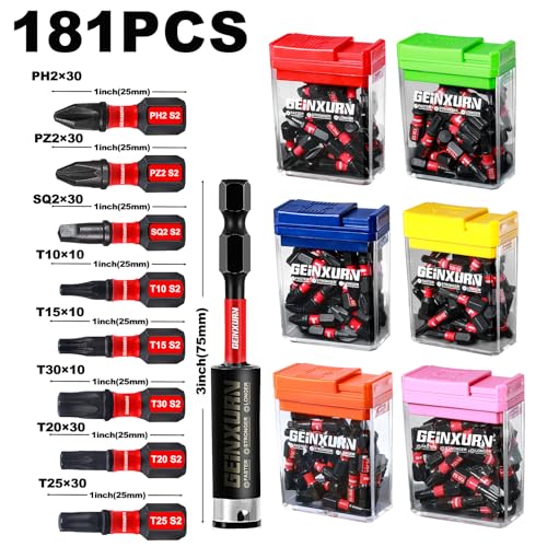 Geinxurn 181 Pieces Impact Screwdriver Bits Set with Colorful Boxes, 1" Magnetic (PH2,PZ2,SQ2,T10,T15,T20,T25,T30) S2 Steel Multi Driver Bits - color: Multi-bit, size: 1‘’-181PCS