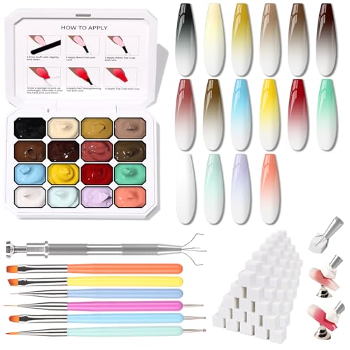 Ombre Gel Polish Palette,16Colors Pat Gel Paint Nail Art Kit Sponge Patting - color: 16 Colors H