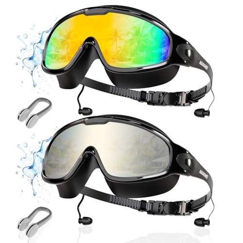 Aegend New Adult Wide View Swim Goggles, Anti-Fog/UV No Leak Swimming Goggles with Ear Plugs for Men & Women - color: Bright Silver & Aqua