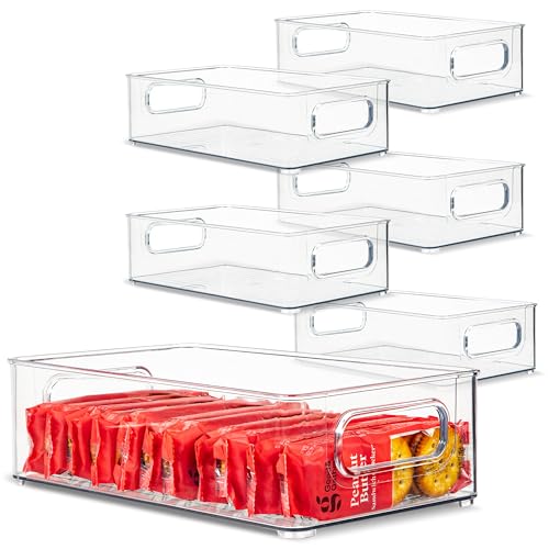 Plastic Food Storage 6 Pack Clear Container Bin with Handles for Organizing Kitchen, Pantry, Refrigerator, Freezer, Pantry, Cabinet, Closet, Bathroom. Stackable 10”x6”x3” - size: 10x6x3