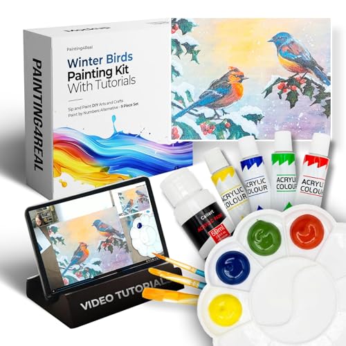 Painting4Real DIY Art Painting Kits for Adults with Video Tutorials - 9 Peices Acrylic Paint Sets, Learn to Paint Winter Birds, Painting & Art Set Supplies for Adults, Teen, Beginners & Art Lovers - color: Winter Birds
