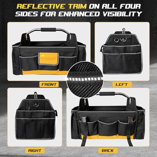 18 Inch Open Top Tool Bag, Tool Bags for Men with 30 Pockets, 1680D Waterproof Fabric, Foldable Electrician Tool Bag with Rotating Handle, Reflective Tool Organizer for Men, Yellow - color: Black-Yellow