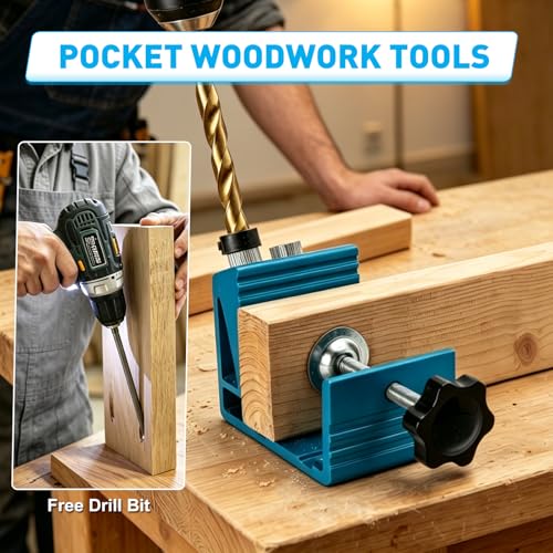 Pocket Hole Jig Kit with Drill Guide Joint 15 Degree Woodworking Inclined Hole Angle Tool Dowel Drill Pocket Joinery Screw Set Kit Adjustable Drill Jig Guides Joint Carpentry Locator Woodworking Tool