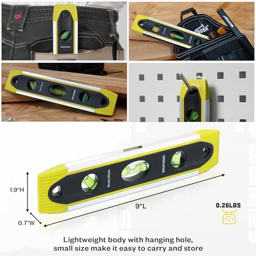 MELOTOUGH 9 Inch Torpedo Level Magnetic,Small Leveler Tool,Spirit Level with 45/90/180 Bubbles,V-Groove,Shock Resistant Leveler,Yellow(2PCS) - color: Yellow-2pcs