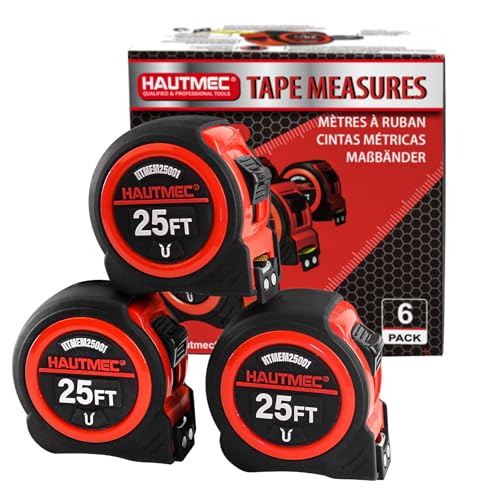 HAUTMEC 25 Ft Heavy Duty Tape Measure with Fractions & Magnetic Hook, 6-Pack Professional Retractable Measuring Tape for Construction, Carpentry, Contractors, Workshop & DIY 25001