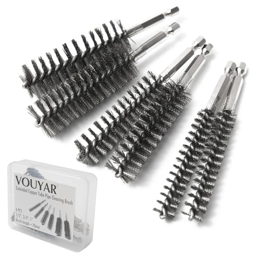 6pcs Extended Copper Tube Pipe Cleaner, 1/2” 3/4” 1” Pipe Cleaning Brush Set, Stainless Steel Wire Bore Brushes for Power Drill, 1/4 Inch Hex Shank - style: 6pcs Extended