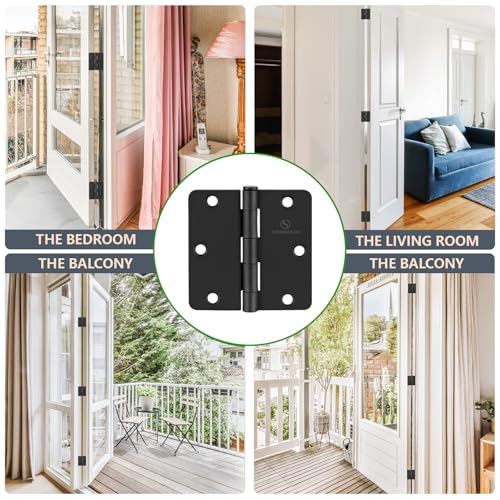 Door Hinges 3 1/2 Inch Matte Black 3.5 Inch Interior Hinges 1/4" Radius Iron Hinge 3 ½"x 3 ½" Door Hardware - 18 Pack - color: Matte Black-1/4" Radius