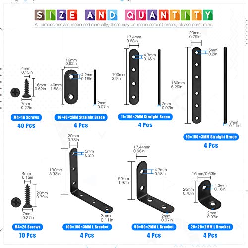 Glarks 134Pcs Black Corner Brace Set, 24Pcs L Shape Bracket and Flat Bracket Metal Joint Plate Fastener with 110Pcs Screws for Wood Wood Chair Bookshelf Board Window Furniture Cabinet