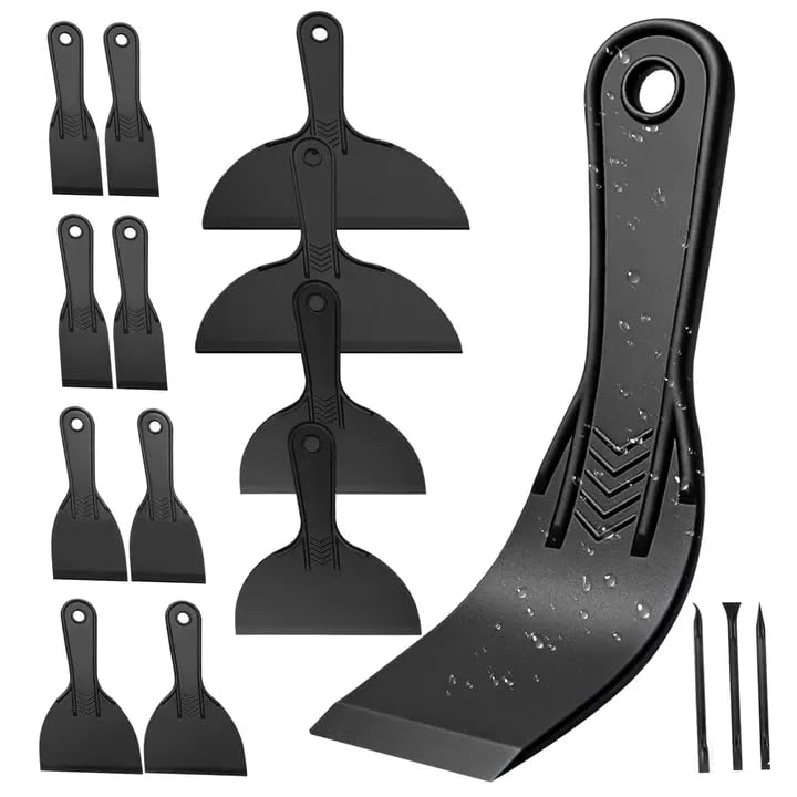 15 Pack Plastic Putty Knife Set - 12 Flexible Plastic Paint Scraper Tool and 3 Detail Scraper Tool for Spackling, Repairing Drywall, Removing Wallpaper, Applying Mud or Plaster