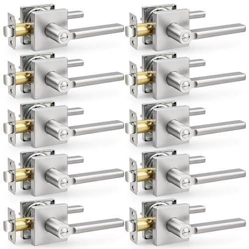 Probrico Interior Door Handles with Lock, Brushed Nickel Privacy Levers for Bedroom Bathroom, Heavy Duty Square Reversible Lockset, 10 Pack - color: Brushed Nickel