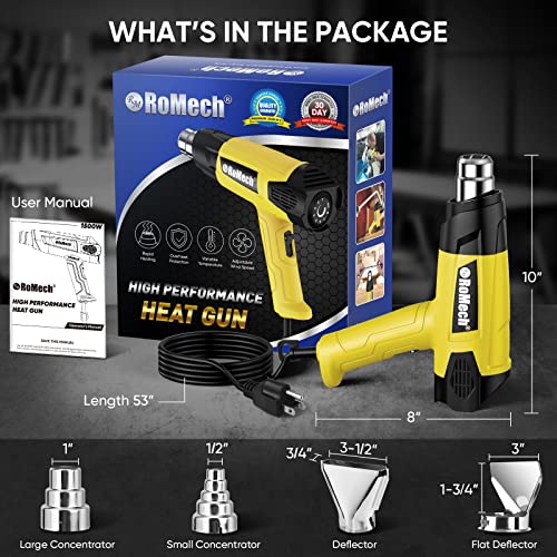 ROMECH 1500W Heavy Duty Heat Gun, Variable Temperature Control Hot Air Gun Kit with 2 Air Flow 120°F~1200°F and 4 Nozzles for Crafts Shrink Wrap (Yellow) - color: Yellow