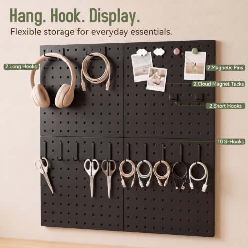 Magnetic Metal Pegboard Wall Organizer Kit, 4 Pack 10 x 10 in Panels Black - color: Black, size: 10"×10" - 4 Pcs