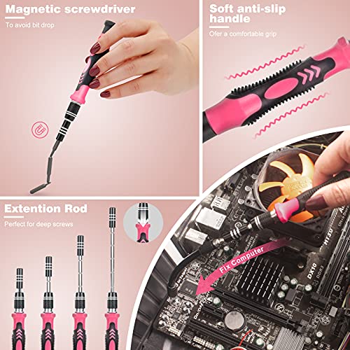 Screwdriver Phillips,Torx,Pentalobe,Triangle Triwing,Flat Head,Star,Eyeglasses Repair Kit Pink tool box with Spudger for iPhone/Xbox/PS4 Switch Controller, Ring Doorbell,Mac - color: Pink