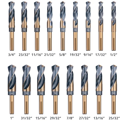 EFFICERE 17-Piece Premium 1/2” Reduced Shank Silver and Deming Drill Bit Set | Large and Jumbo Standard SAE Drill Size from 1/2” to 1” by 1/32th Increment | M2 High Speed Steel, 135-Degree Split Point - size: 17-Piece Set in Aluminum Case