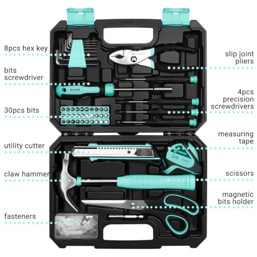DEKOPRO 50 Piece General Household Hand Tool Kit with Plastic Toolbox Storage Case, All Purpose Home Tool Kit Includes Essential Tools for Office College Repairs - Turquoise - color: Turquoise-50pcs