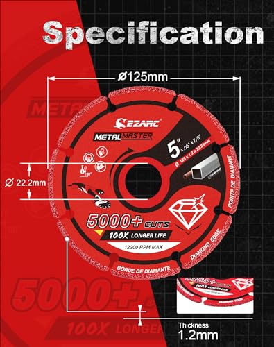 EZARC Diamond Cutting Wheel 5'' x 7/8 Inch for Metal, Cut Off Wheel with 5000+ Cuts on Rebar, Steel, Iron and INOX - style: 5 x 7/8 Inch