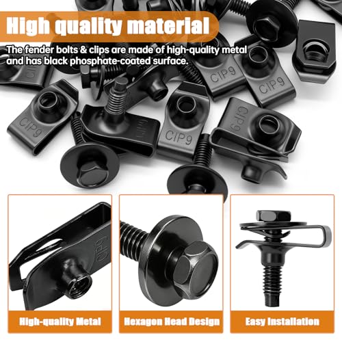 mankk 50PCS M6-1.0 Fender Liner Screw and U-Nut Clips Kit,Body Fasteners,U-Nut Clips & Hex Head Bolts,Automotive Body Clips Fender Bolts for Fender, Engine Cover & Splash Shield - color: Black-M6-1.0 Kit