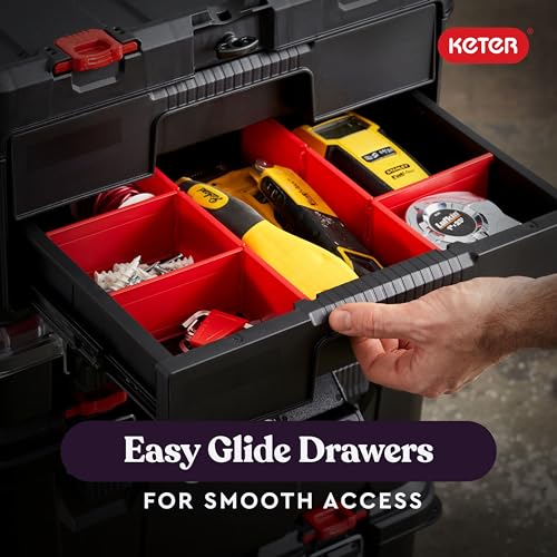 Keter Stack-n-Roll Two Drawer Tool Box for Small Parts and Power Tool Accessories, Fits Keter Modular Tool Storage System - color: Black/Red, size: 2 Drawer