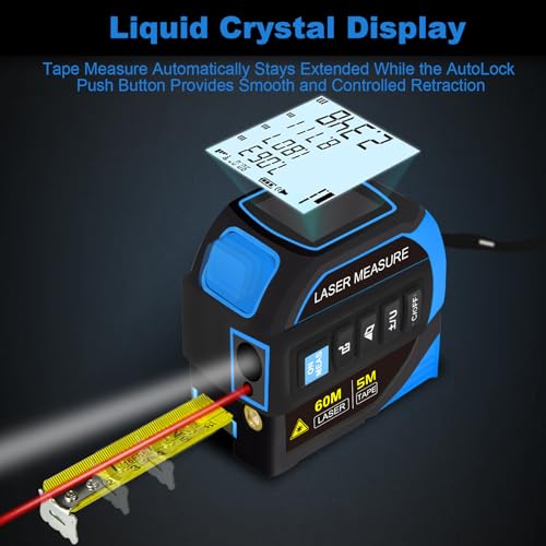 Menider 4-in-1 Laser Measure Tool - Digital LCD & Self-Locking, 196ft/60m Laser & 16ft/5m Tape, Cross Line & Dual-Axis Angle, Rechargeable for Pros