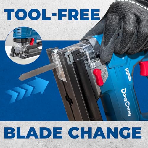 Dong Cheng 20V Brushless Cordless Jigsaw, 26mm Stroke, 800-3500 SPM Variable Speed, 4 Orbital Action, 0-45° Bevel Cut, Tool-Free Blade Change, LED Light, Dust Blower (Battery & Charger Not Included) - style: Bare Tool