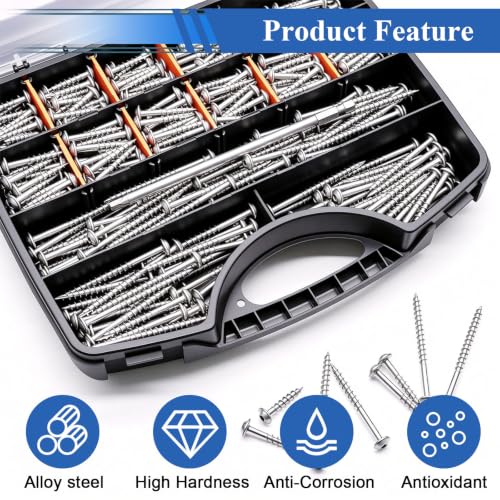 smseace 580Pcs Pocket Hole Screws Assortment Kit #8 x 1, 1-1/4", 1-1/2", 2", 2-1/2" Zinc Coated Square Drive Pocket Screws with 150mm Drive Bit Wood Screw Set - color: Silver