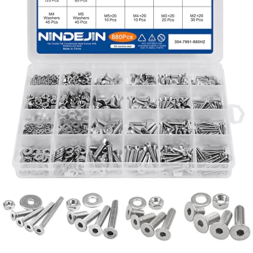 NINDEJIN 880Pcs M2 M3 M4 M5 Stainless Steel Precise Metric Hex Socket Head Cap Machine Screws,Round Flat Socket Bolts and Nuts Set and Washers Assortment Kit +Wrench (Flat Head Cap) - size: 880 Hex Flat Head Socket Screws Nuts