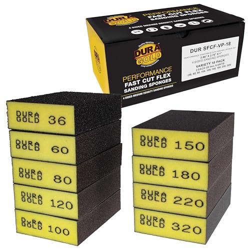 Dura-Gold 4-Sided Hand Sanding Block Sponge Variety Pack, Box of 18, Grits 36, 60, 80, 100, 120, 150, 180, 220, 320-3.9" x 2.75" x 1" Wet or Dry Flexible Sandpaper Pads Sand Wood Drywall Metal Paint - style: 18 Variety Pack