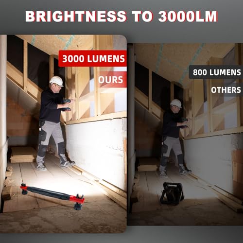 Magnetic Work Light 3000 Lumens, Rechargeable LED Flood Light with 180° Rotating Head & 360° Hooks, IP65 Waterproof Shatterproof Portable Spotlight for Camping, Emergency, Car Repair, Jobsite