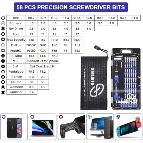 STREBITO 79 in 1 Computer Screwdriver Kit with Anti Static Wrist Strap | 58 Precision Magnetic Bits, Precision Screwdriver Set Electronics Repair Tool Kit for Computer, Laptop, PC, Cell Phone, PS4/5