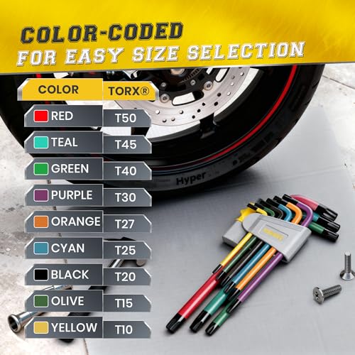 Yellow Paw Torx Wrench Set (9 Pack of Security Tamper Proof Keys) Color Coded in the Following Sizes - T10, T15, T20, T25, T27, T30, T40, T45, and T50