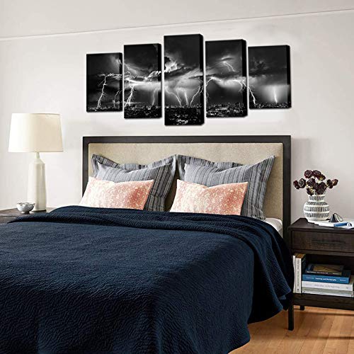 Biuteawal - Black and White Wall Art Nature Lightning Strikes in The Clouds Painting on Canvas Storm and City Night View Picture Print for Home Office Living Room Decoration Wall Decor - size: W50"xH24"