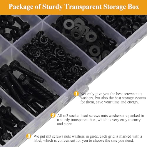 555 Pieces M3 Screws Nuts Washers Set Black, Sutemribor M3 x 6/8/10/12/16/20/25mm Hex Socket Head Cap Screws Nuts Washers Assortment Kit, 12.9 Grade Alloy Steel, Fully Threaded - size: M3 x 6-25mm, style: Socket Head