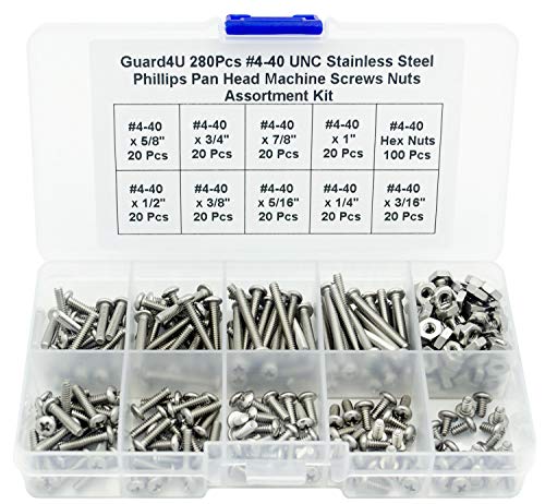 280Pcs #4-40 UNC Stainless Steel Phillips Pan Head Machine Screws Nuts Assortment Kit- #4-40x 3/16" 1/4" 5/16" 3/8" 1/2" 5/8" 3/4" 7/8" 1" - size: #4-40
