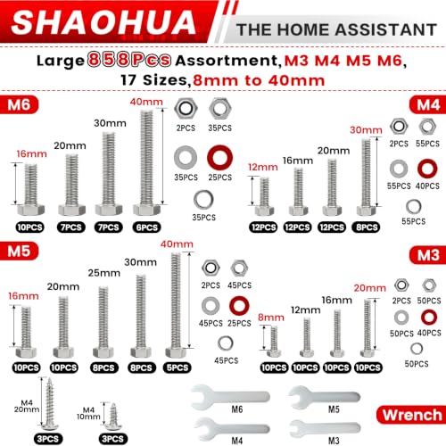 M3 M4 M5 M6 Hex Head Bolt Kit with Nylon Lock Nuts, 858Pcs - size: C. M3 M4 M5 M6