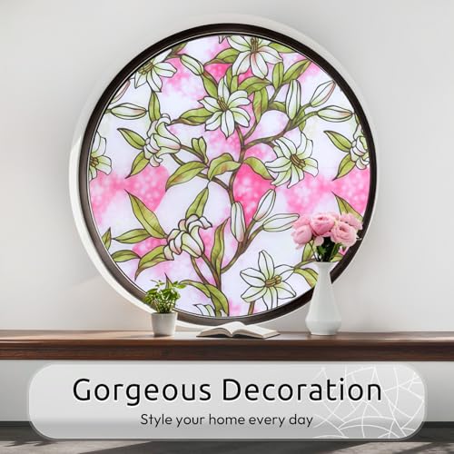 rabbitgoo Stained Glass Window Privacy Film, Pink Lily, 17.5" X 78.7" | Anti UV Heat Blocking Frosted Glass Static Cling Removable, for Bathroom, Bedroom, Living Room - color: Pink Lily, size: 17.5" x 78.7"