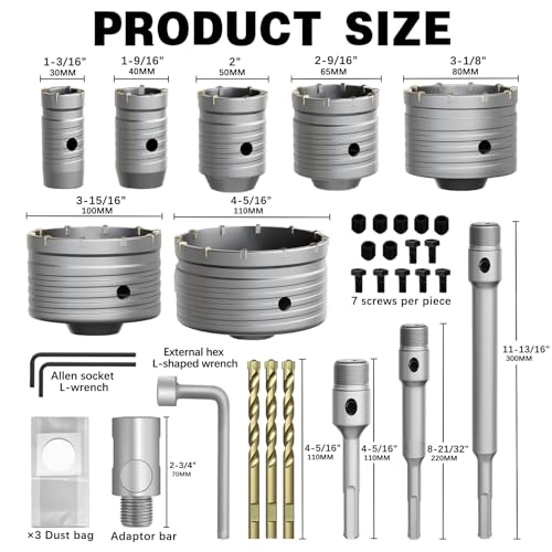 34PCS Concrete Hole Saw Kit,30/40/50/65/80/100/110mm Masonry Hole Saw, with SDS Plus Shank Drill Bit Sets, Masonry Hole Saw Tool Set for Concrete,Brick,Cement,Stone,Wall Drilling. - size: (1-3/16" to 4-5/16")-34PCS