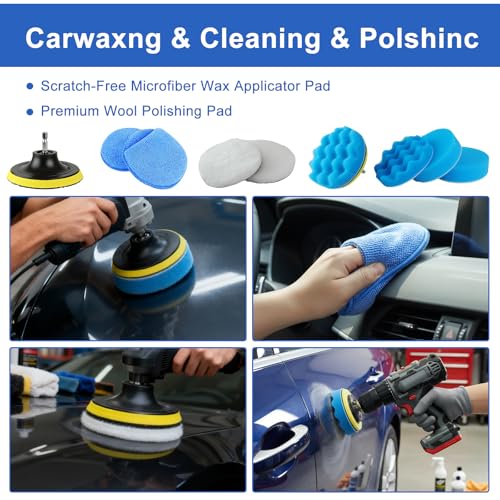 32-Piece Car Detailing Kit with Drill Brush Attachments & Polishing Pads – Professional Auto Detailing Brushes, Wheel & Tire Cleaning Tools with Storage Bag (Blue)