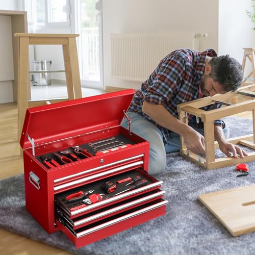 Winado 24" Metal Portable Tool Box with 5 Drawers, Lockable, Red - color: Red