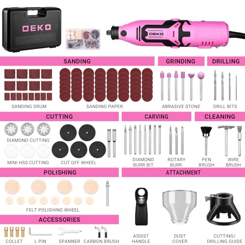 Rotary Tool Kit:DEKOPRO 1.4-Amp Power Hand Rotary Tools with 6 Variable Speed, 127pcs Accessories, 8000~35000RPM Electric Grinder Drill Machine Set with Flex Shaft for Carving, Cutting, Sanding Pink - color: Pink