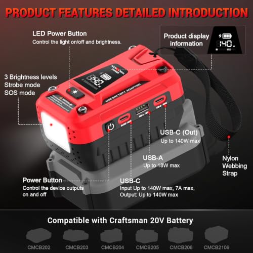 140W Fast Bidirectional Charger Compatible with Craftsman 20V Battery | Dual USB-C 140W Output, Single USB-A 18W Output, Maximum Output of 280W, 700LM LED Work Light & LED Display (No Battery) - color: crimson