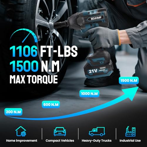 Cordless Impact Wrench 1/2 Inch, Brushless Impact Gun 1500 N.m/1106ft-lbs - color: Blue With Battery